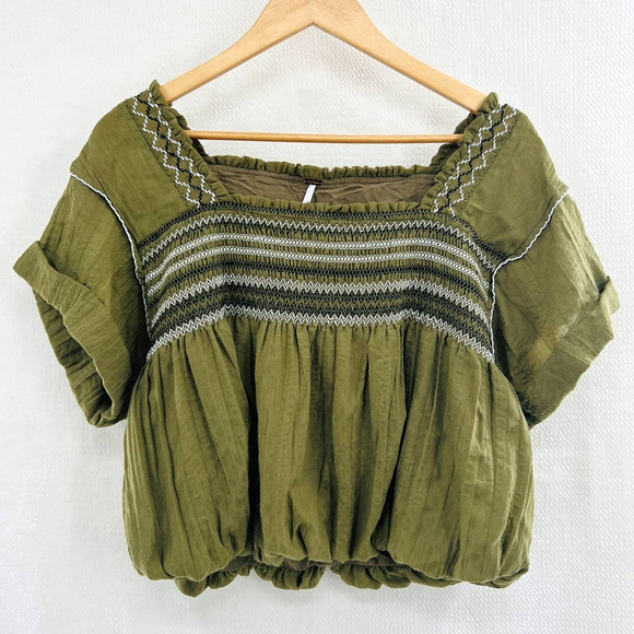 FREE PEOPLE Wandering Skies Green Top size medium bohemian prairie spring - Picture 2 of 12